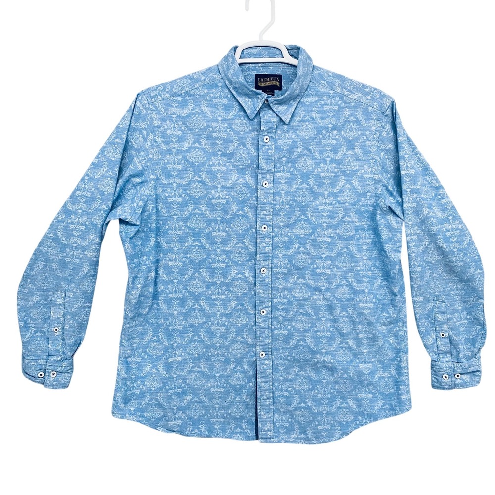 Cremieux Premium Denim Mens XL Blue Damask Print Cotton Button Down Shirt‎